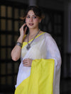 Bhagalpur Handloom Pure Linen Saree With Broad Contrast Border-White & Yellow