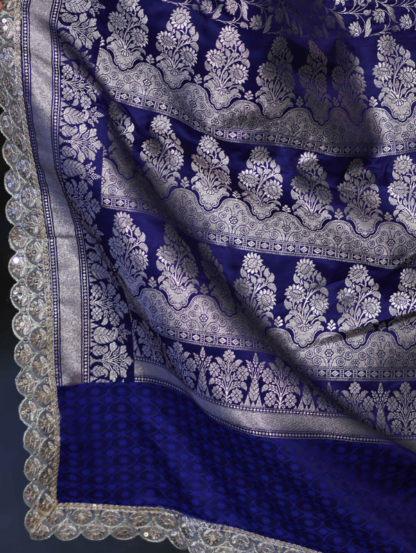 Banarasee Handloom Mashru Silk Saree With Heavy Zari Jaal & Lace Border-Blue