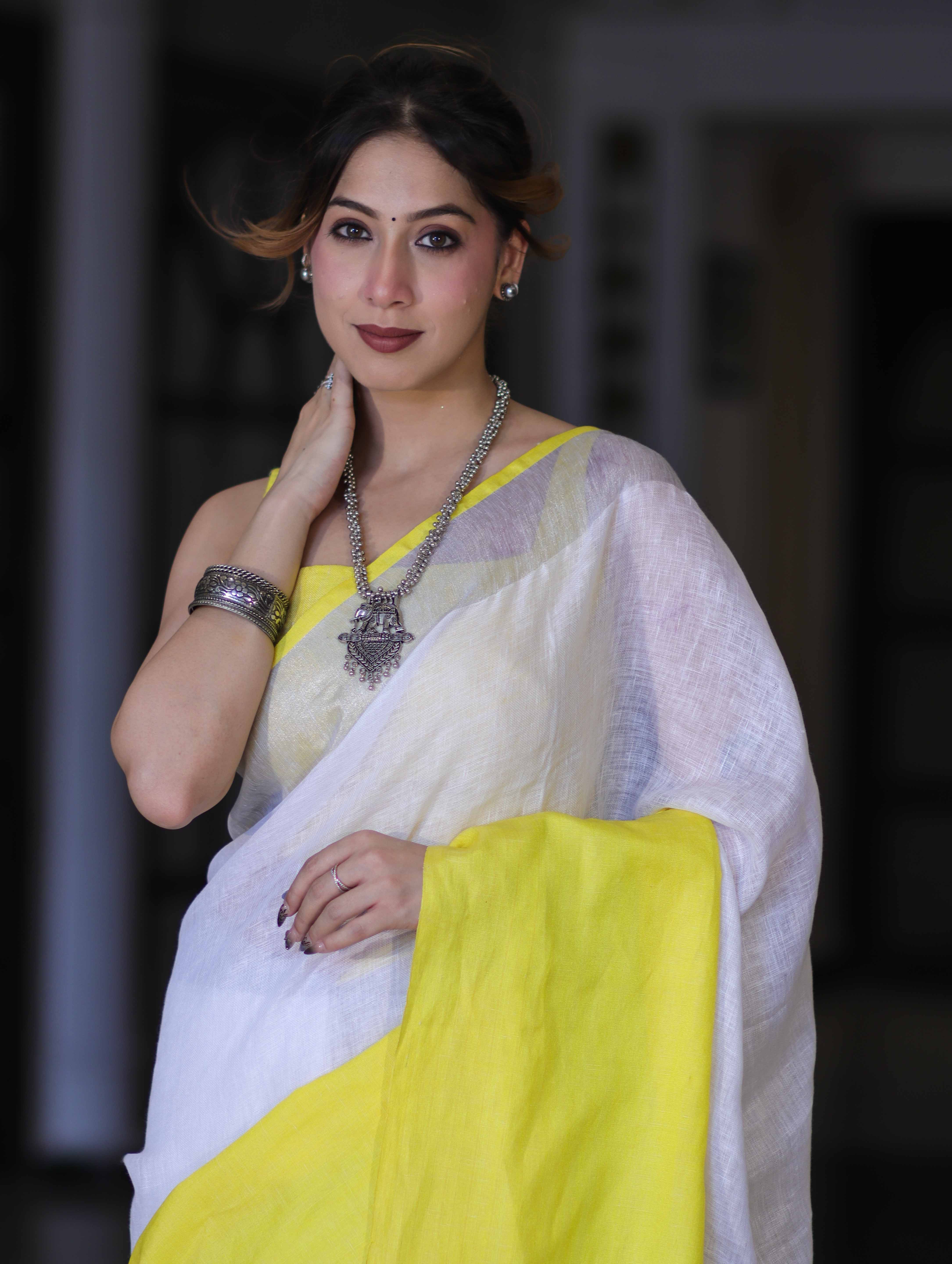 Bhagalpur Handloom Pure Linen Saree With Broad Contrast Border-White & Yellow