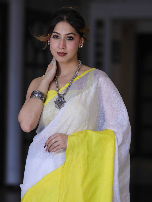 Bhagalpur Handloom Pure Linen Saree With Broad Contrast Border-White & Yellow