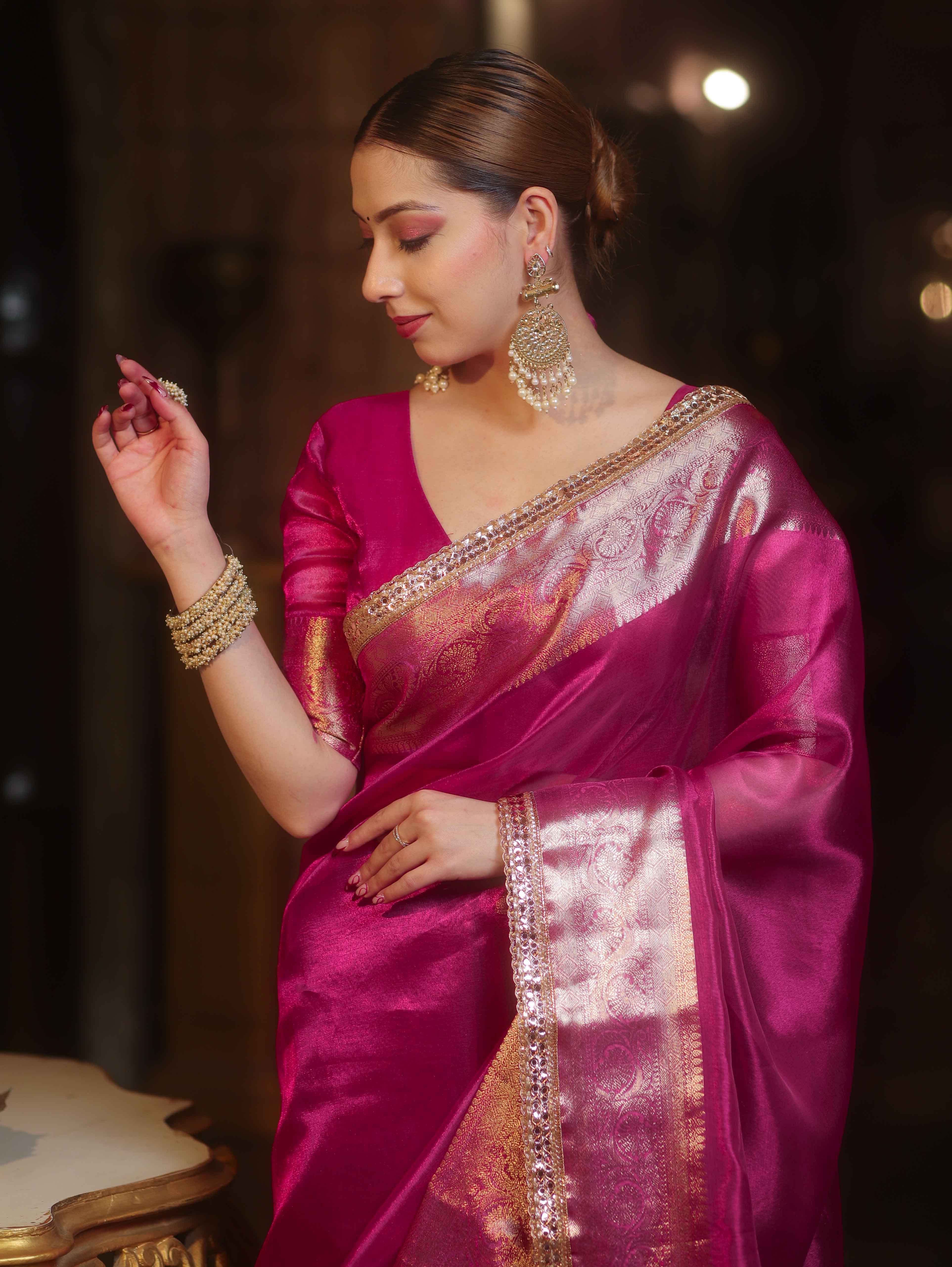 Banarasee Handwoven Plain Tissue Saree With Zari Border & Lace-Pink