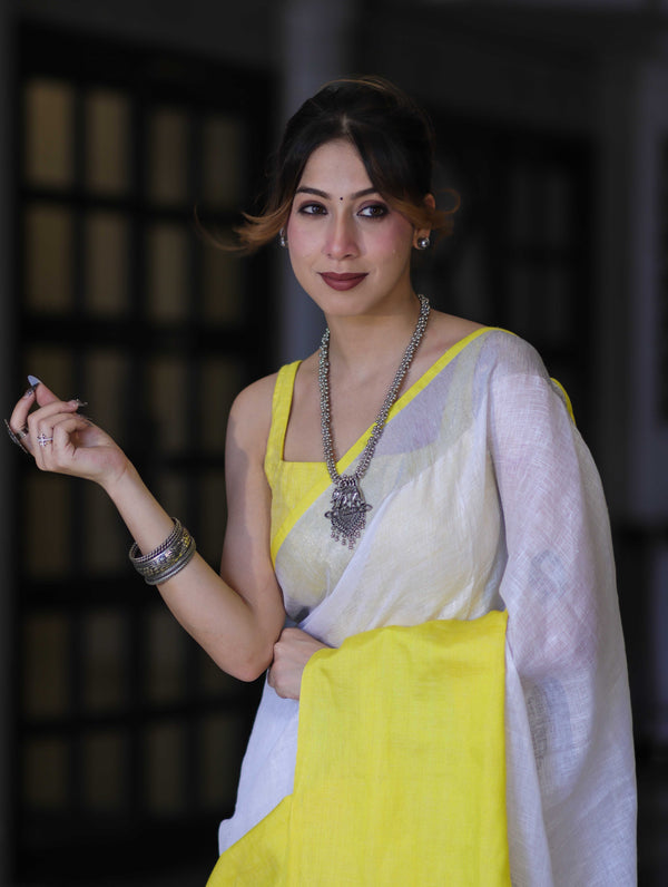 Bhagalpur Handloom Pure Linen Saree With Broad Contrast Border-White & Yellow