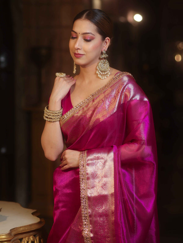 Banarasee Handwoven Plain Tissue Saree With Zari Border & Lace-Pink