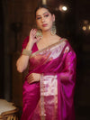 Banarasee Handwoven Plain Tissue Saree With Zari Border & Lace-Pink