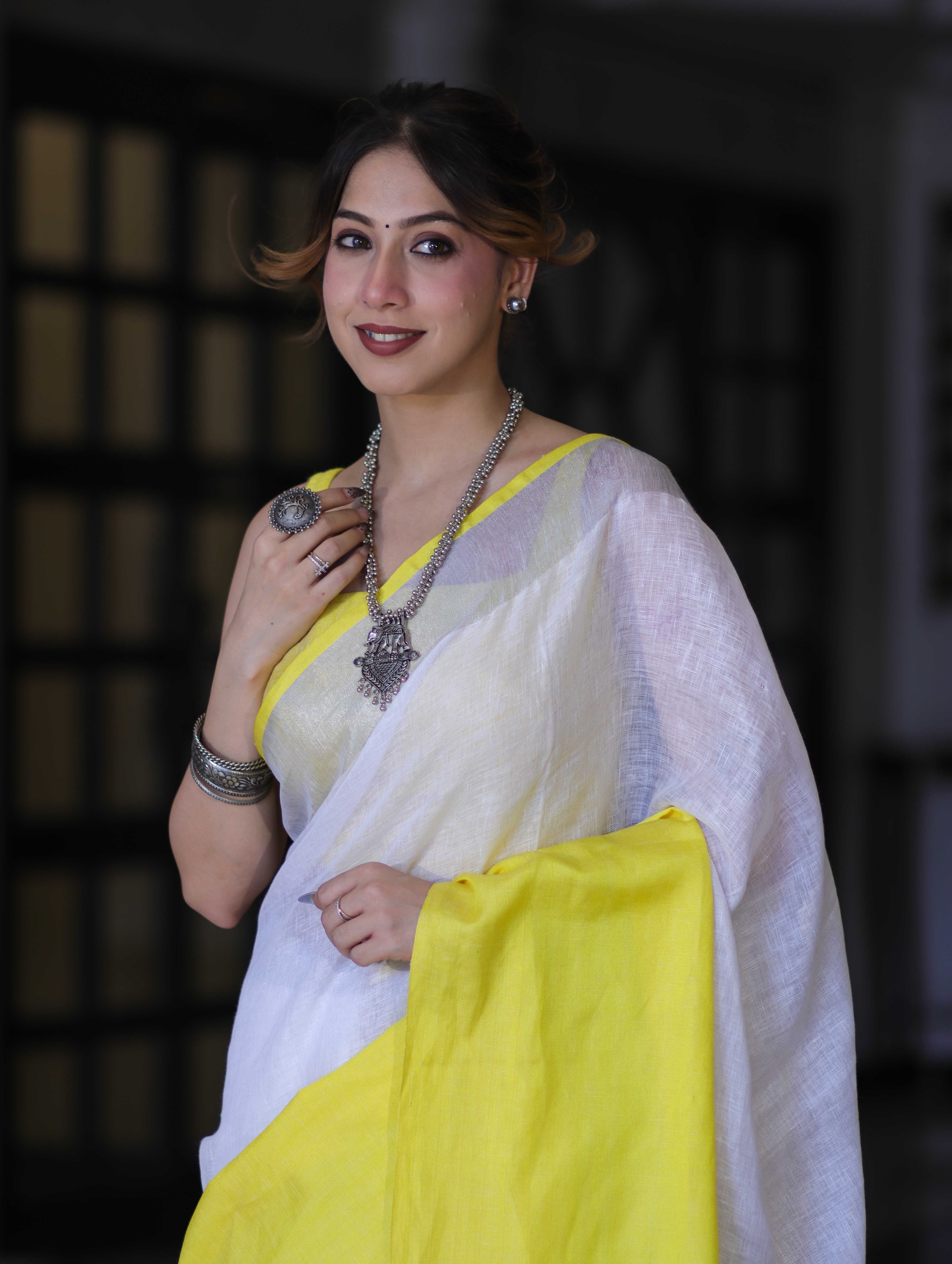 Bhagalpur Handloom Pure Linen Saree With Broad Contrast Border-White & Yellow