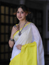 Bhagalpur Handloom Pure Linen Saree With Broad Contrast Border-White & Yellow