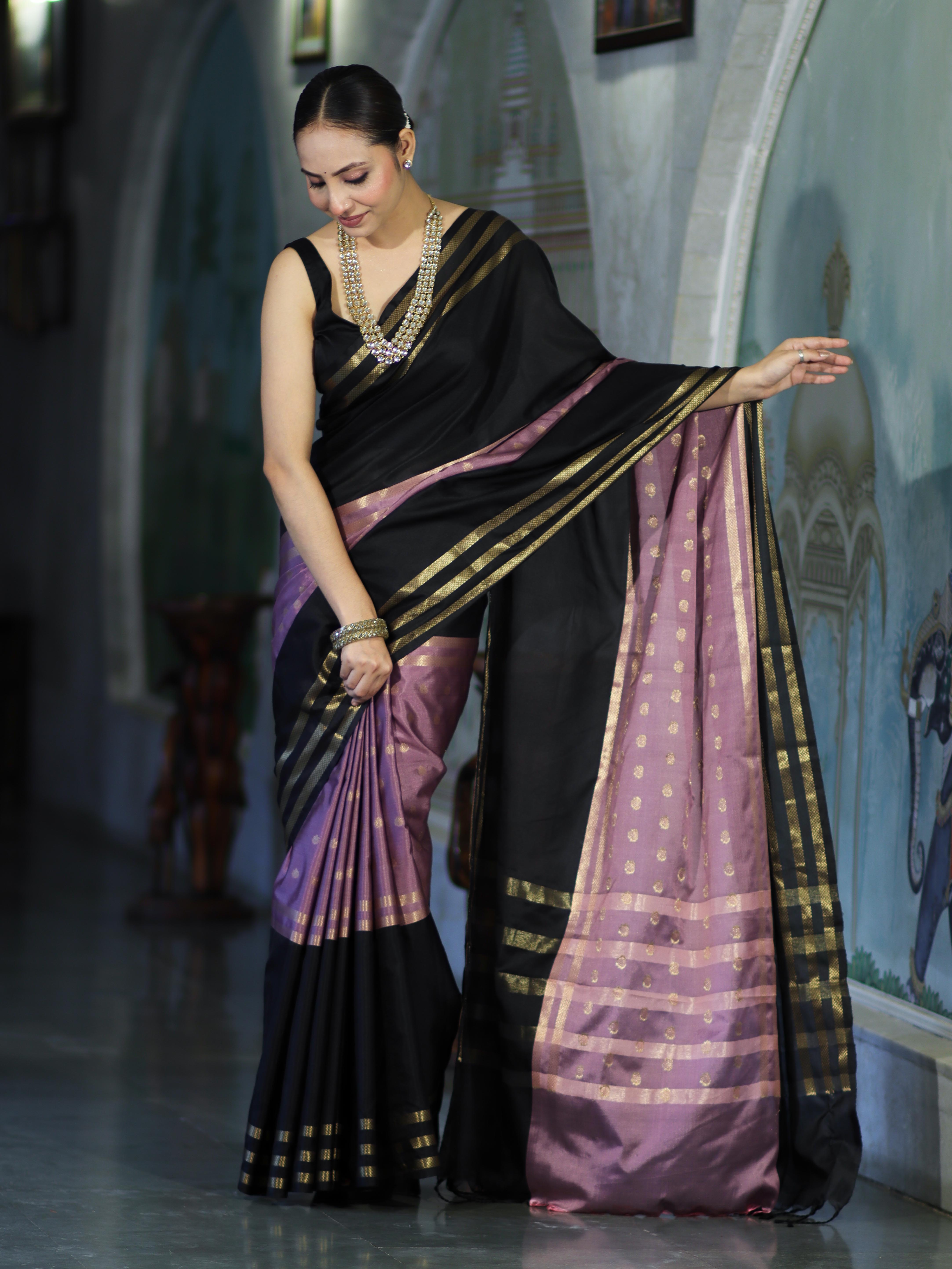Banarasee Handloom Dual Color Semi Silk Saree With Buti Design & Striped Border-Black & Lavender