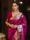 Banarasee Handwoven Plain Tissue Saree With Zari Border & Lace-Pink