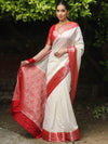 Banarasee Handloom Pure Chiniya Silk Saree With Zari Work & Contrast Border-White & Red