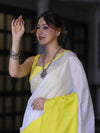 Bhagalpur Handloom Pure Linen Saree With Broad Contrast Border-White & Yellow
