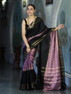 Banarasee Handloom Dual Color Semi Silk Saree With Buti Design & Striped Border-Black & Lavender