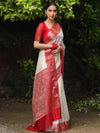 Banarasee Handloom Pure Chiniya Silk Saree With Zari Work & Contrast Border-White & Red