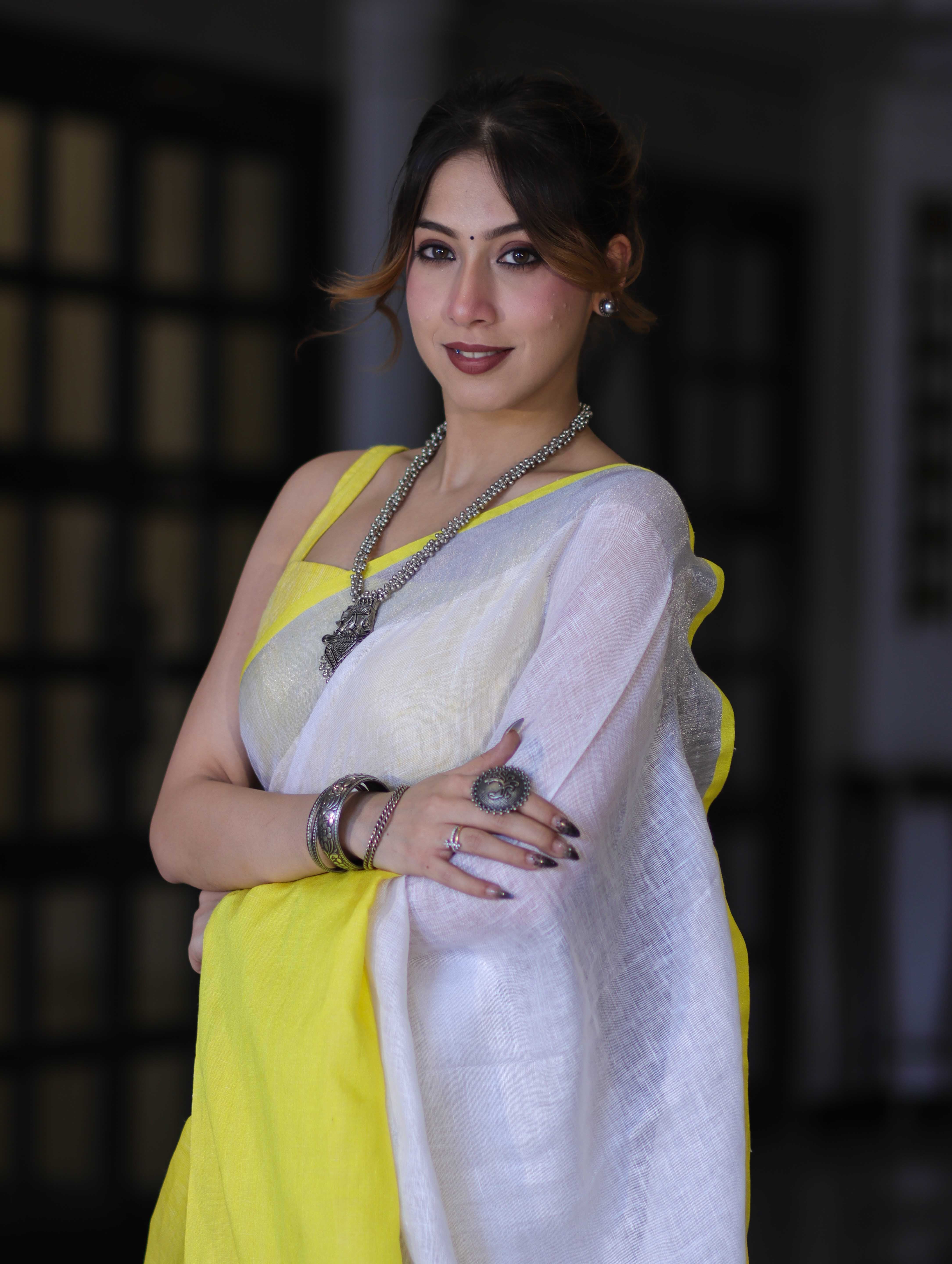 Bhagalpur Handloom Pure Linen Saree With Broad Contrast Border-White & Yellow