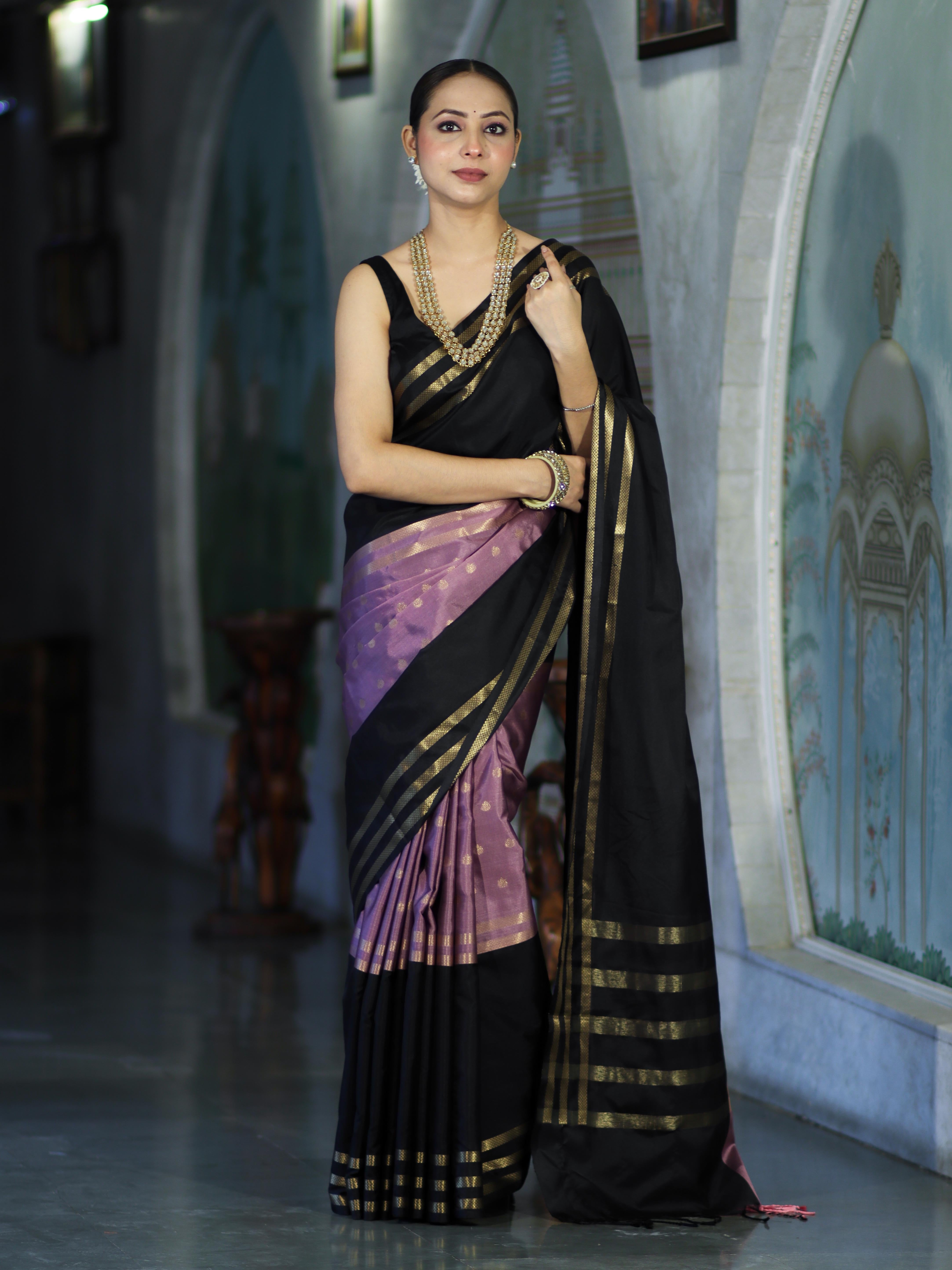 Banarasee Handloom Dual Color Semi Silk Saree With Buti Design & Striped Border-Black & Lavender