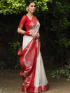 Banarasee Handloom Pure Chiniya Silk Saree With Zari Work & Contrast Border-White & Red