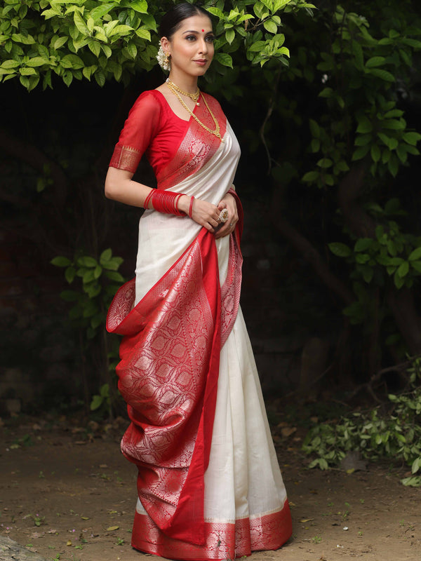 Banarasee Handloom Pure Chiniya Silk Saree With Zari Work & Contrast Border-White & Red