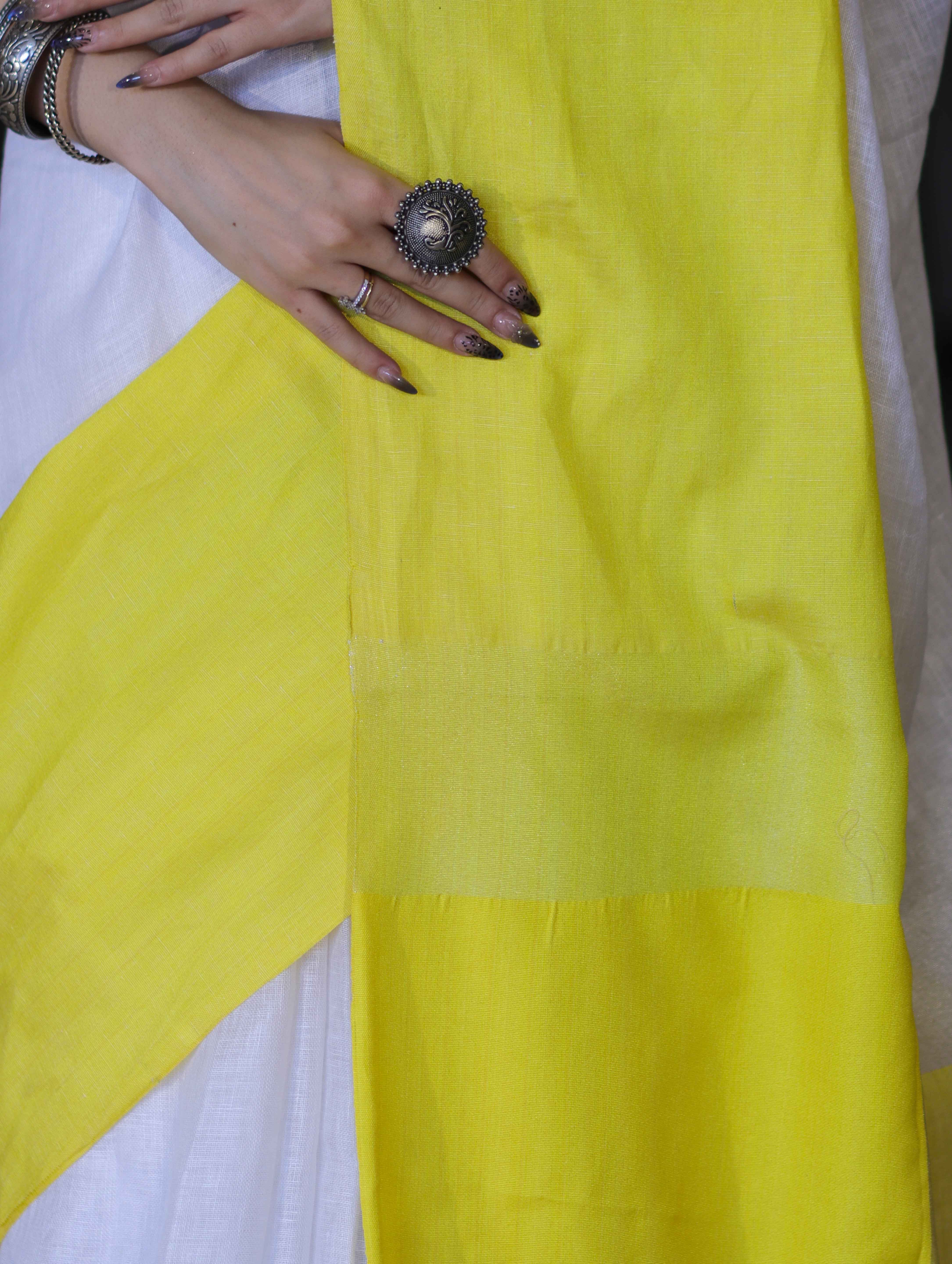 Bhagalpur Handloom Pure Linen Saree With Broad Contrast Border-White & Yellow