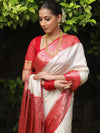 Banarasee Handloom Pure Chiniya Silk Saree With Zari Work & Contrast Border-White & Red