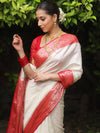 Banarasee Handloom Pure Chiniya Silk Saree With Zari Work & Contrast Border-White & Red