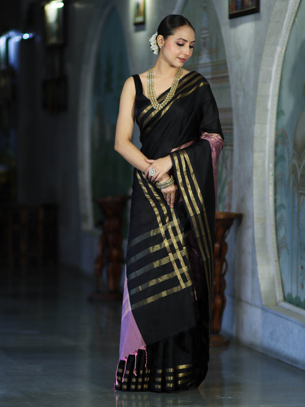 Banarasee Handloom Dual Color Semi Silk Saree With Buti Design & Striped Border-Black & Lavender