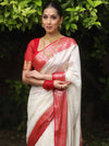 Banarasee Handloom Pure Chiniya Silk Saree With Zari Work & Contrast Border-White & Red