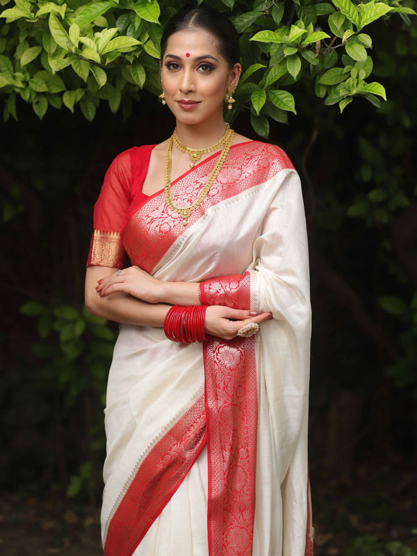 Banarasee Handloom Pure Chiniya Silk Saree With Zari Work & Contrast Border-White & Red