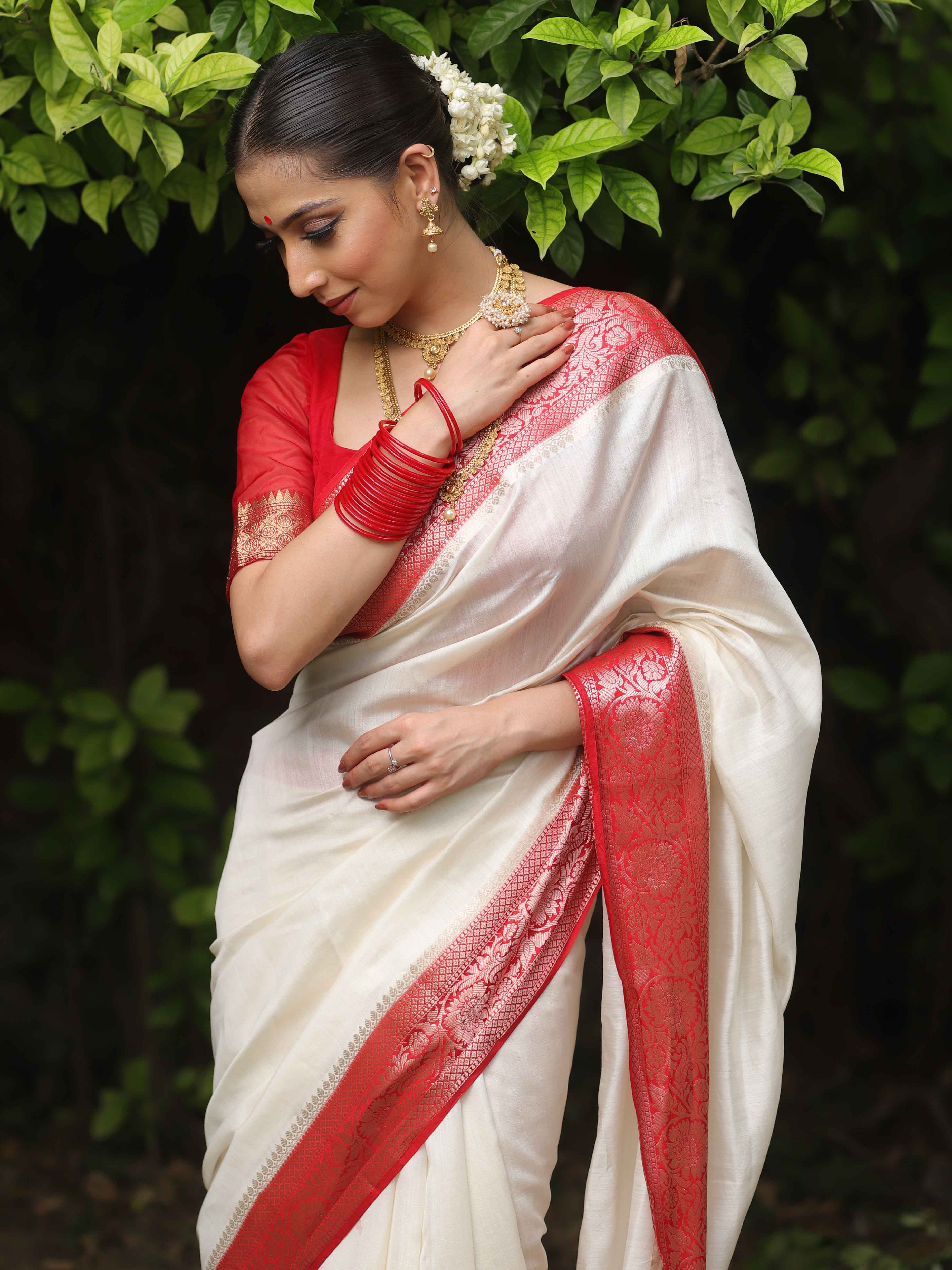 Banarasee Handloom Pure Chiniya Silk Saree With Zari Work & Contrast Border-White & Red
