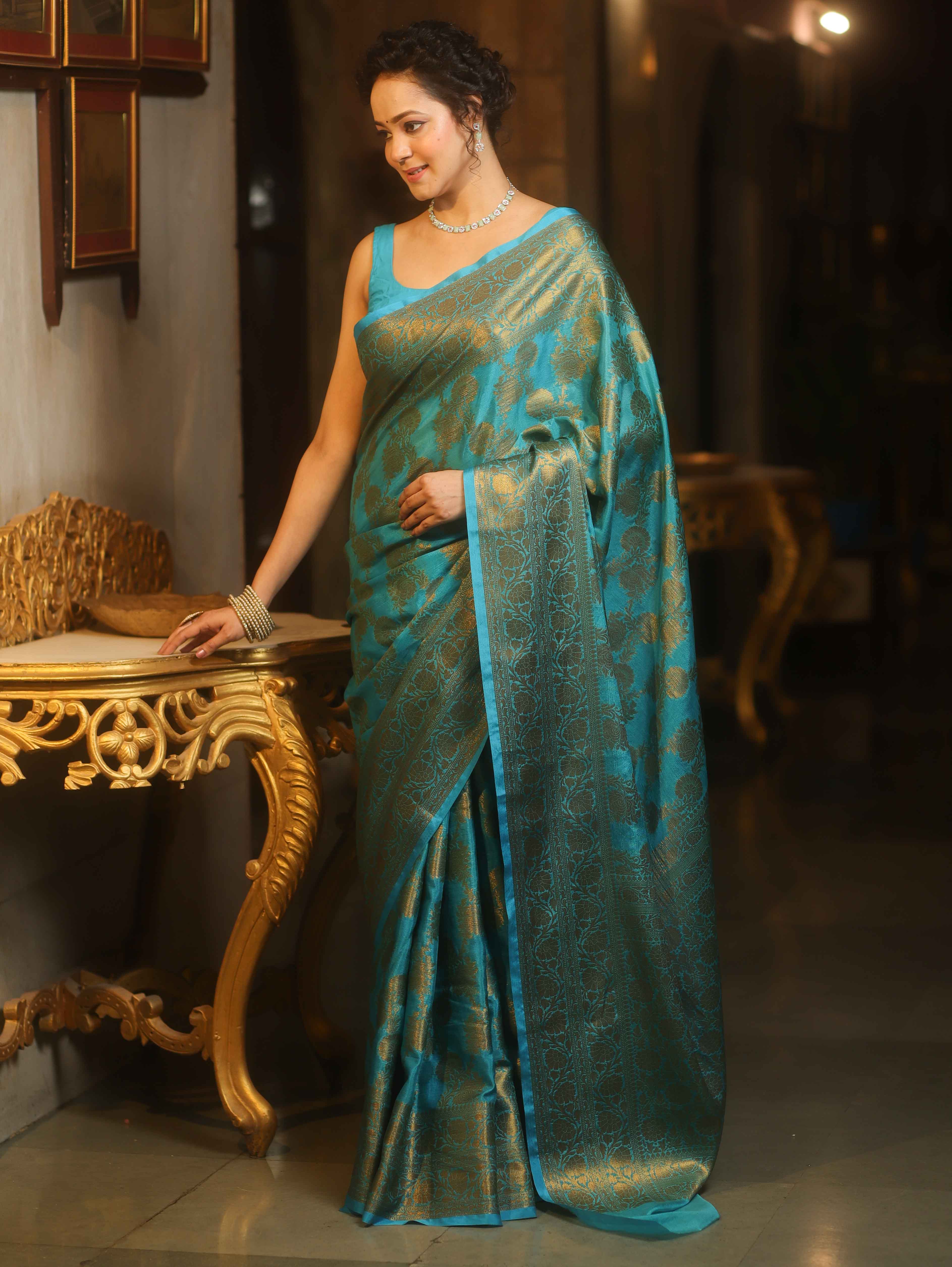 Banarasee Georgette Saree With Antiue Zari Jaal Design & Border-Blue