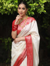 Banarasee Handloom Pure Chiniya Silk Saree With Zari Work & Contrast Border-White & Red