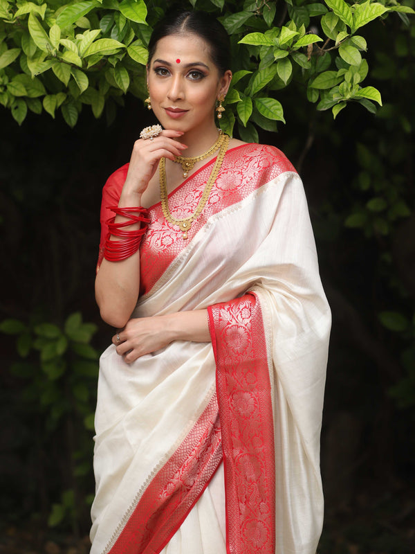 Bridal white saree on sale with red border