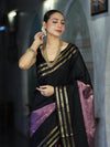 Banarasee Handloom Dual Color Semi Silk Saree With Buti Design & Striped Border-Black & Lavender