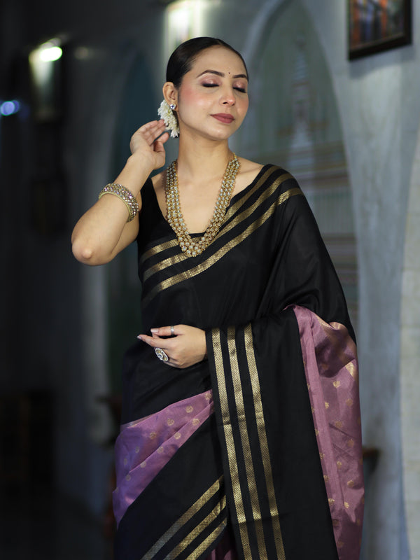 Banarasee Handloom Dual Color Semi Silk Saree With Buti Design & Striped Border-Black & Lavender