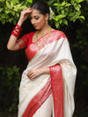 Banarasee Handloom Pure Chiniya Silk Saree With Zari Work & Contrast Border-White & Red