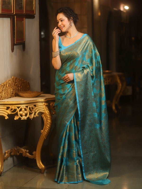Banarasee Georgette Saree With Antiue Zari Jaal Design & Border-Blue