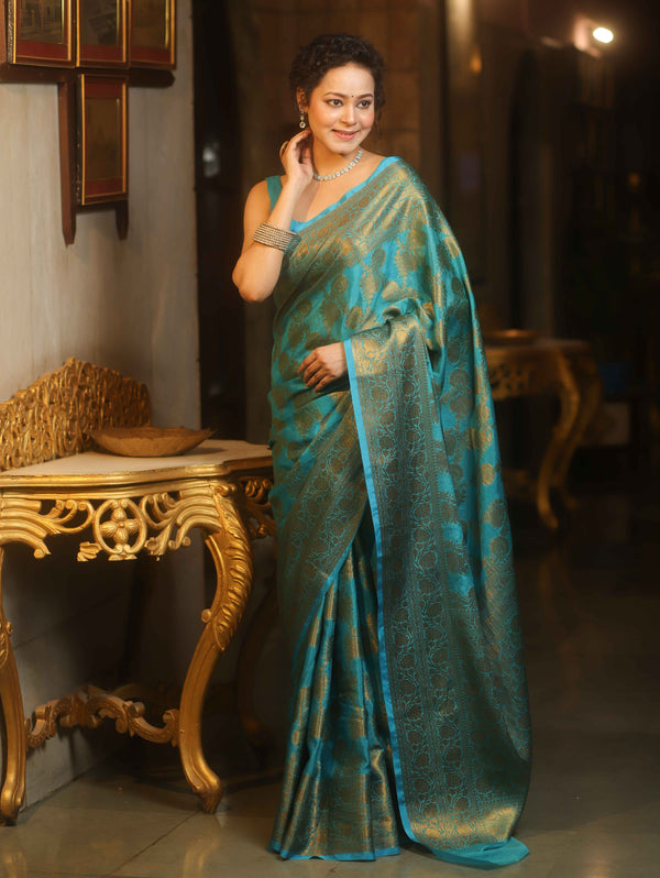 Banarasee Georgette Saree With Antiue Zari Jaal Design & Border-Blue