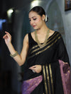Banarasee Handloom Dual Color Semi Silk Saree With Buti Design & Striped Border-Black & Lavender