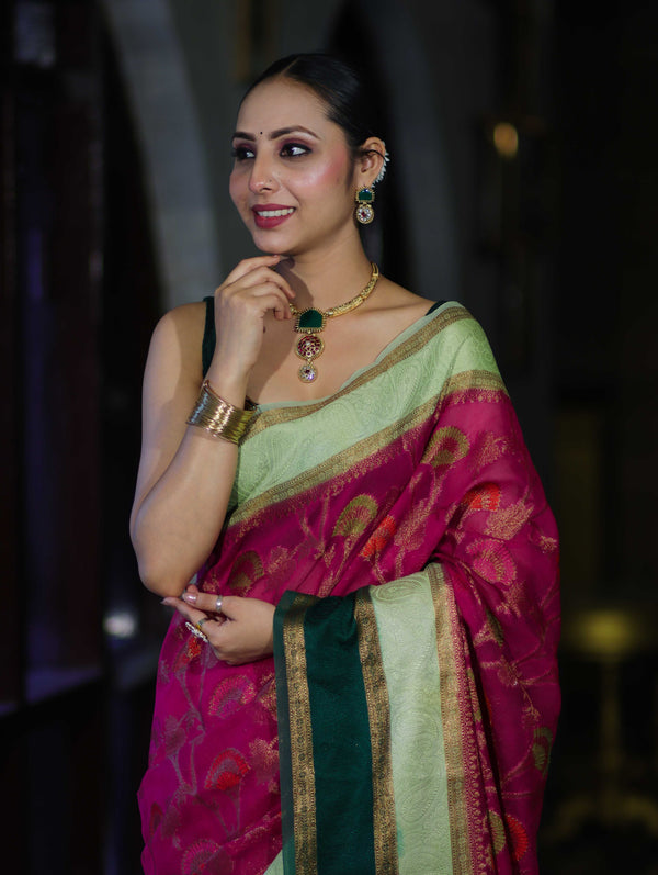 Banarasee Semi Chiffon Saree With Floral Jaal Work & Contrast Border-Pink & Green