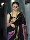 Banarasee Handloom Dual Color Semi Silk Saree With Buti Design & Striped Border-Black & Lavender