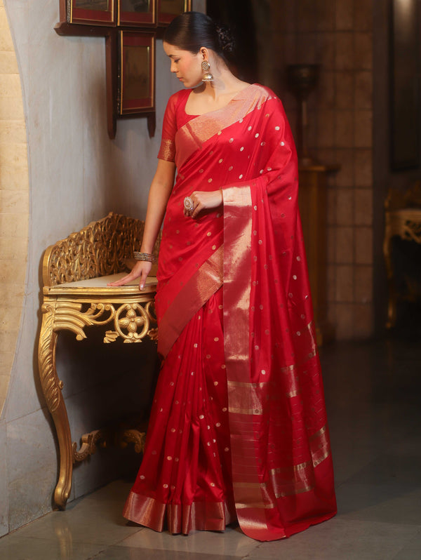 Banarasee Handwoven Semi Silk Saree With Zari Buti Design-Red