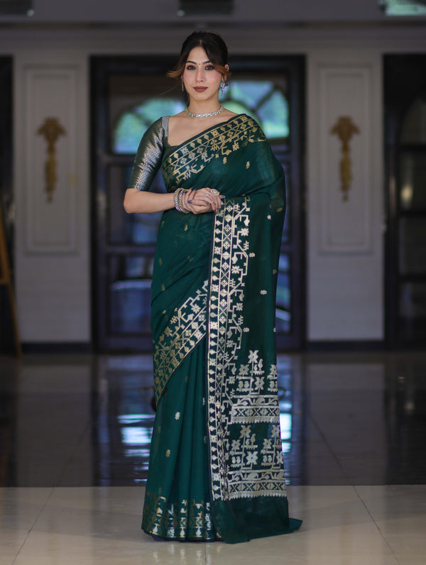 Banarasee Handloom Cotton Silk Saree With Zari Buti Design & Geometric Border-Deep Green