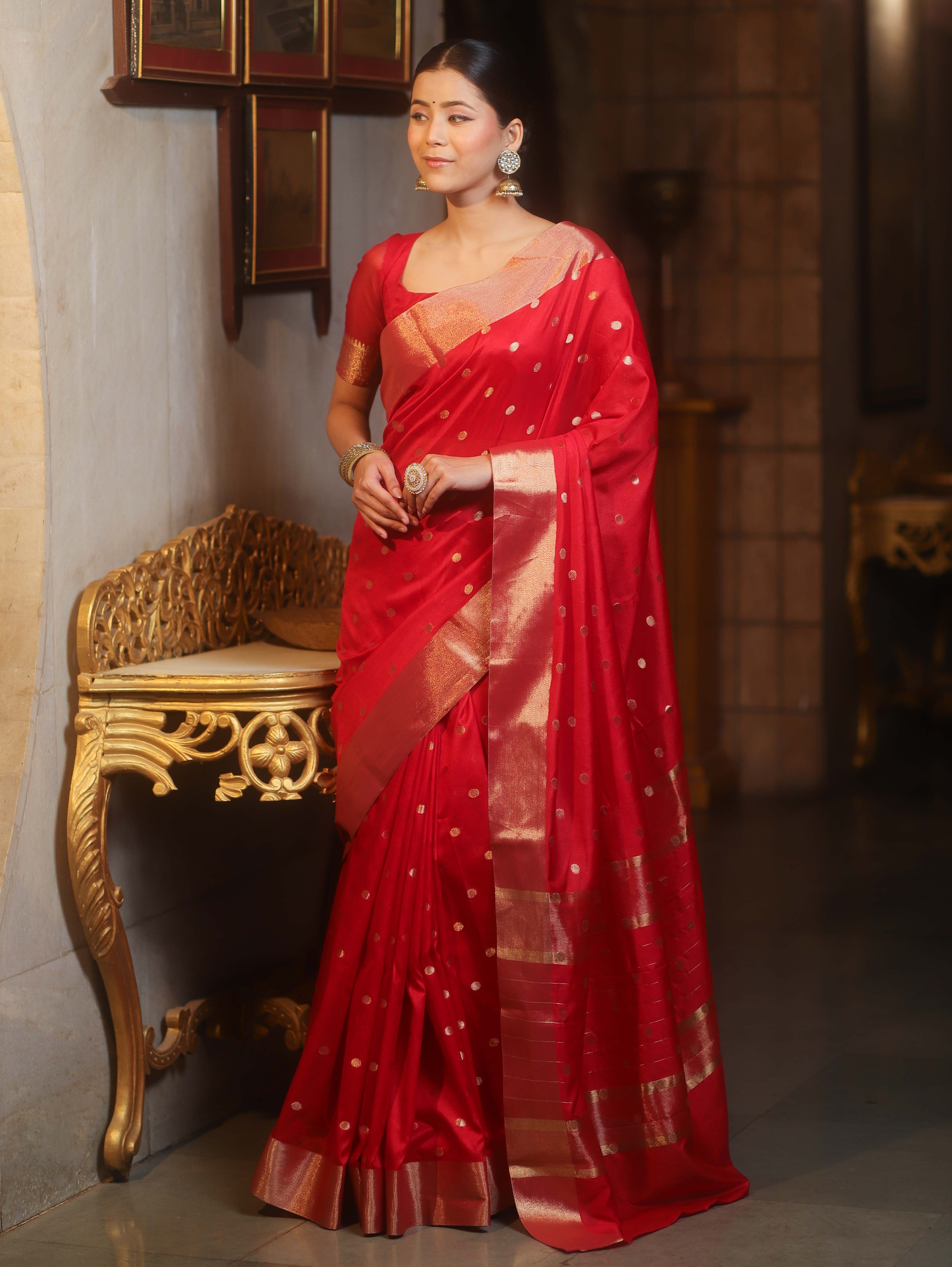 Banarasee Handwoven Semi Silk Saree With Zari Buti Design-Red