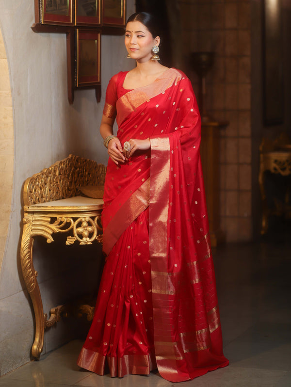 Banarasee Handwoven Semi Silk Saree With Zari Buti Design-Red