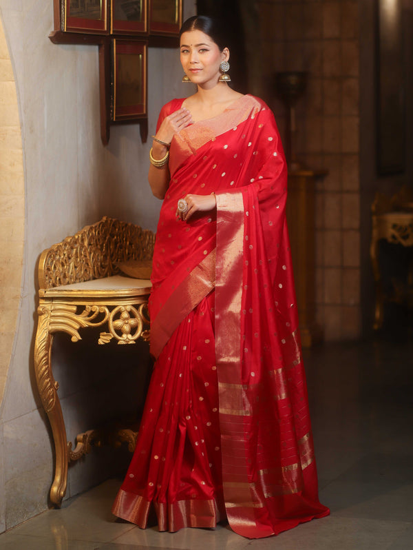 Banarasee Handwoven Semi Silk Saree With Zari Buti Design-Red