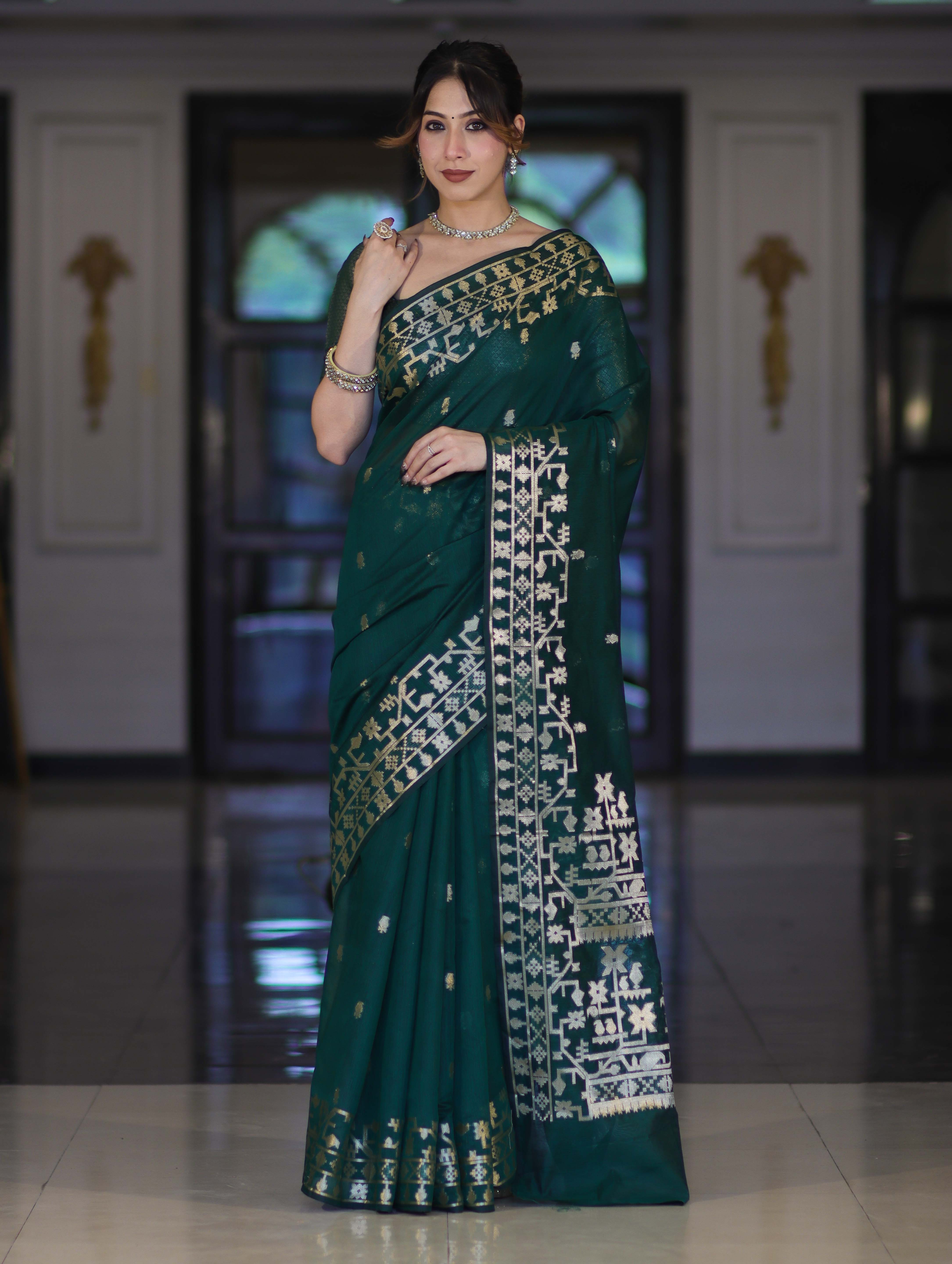 Banarasee Handloom Cotton Silk Saree With Zari Buti Design & Geometric Border-Deep Green