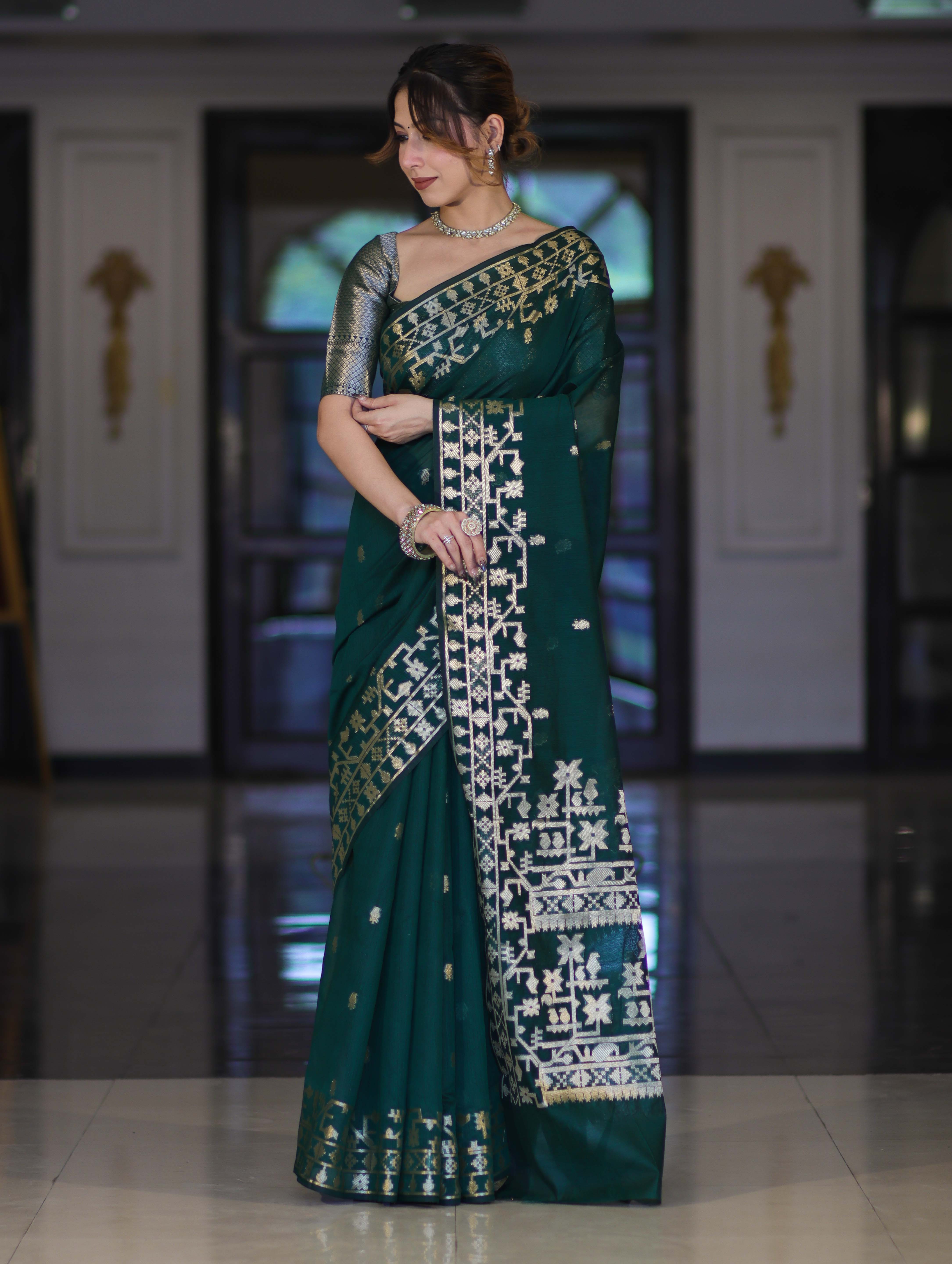 Banarasee Handloom Cotton Silk Saree With Zari Buti Design & Geometric Border-Deep Green