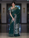 Banarasee Handloom Cotton Silk Saree With Zari Buti Design & Geometric Border-Deep Green