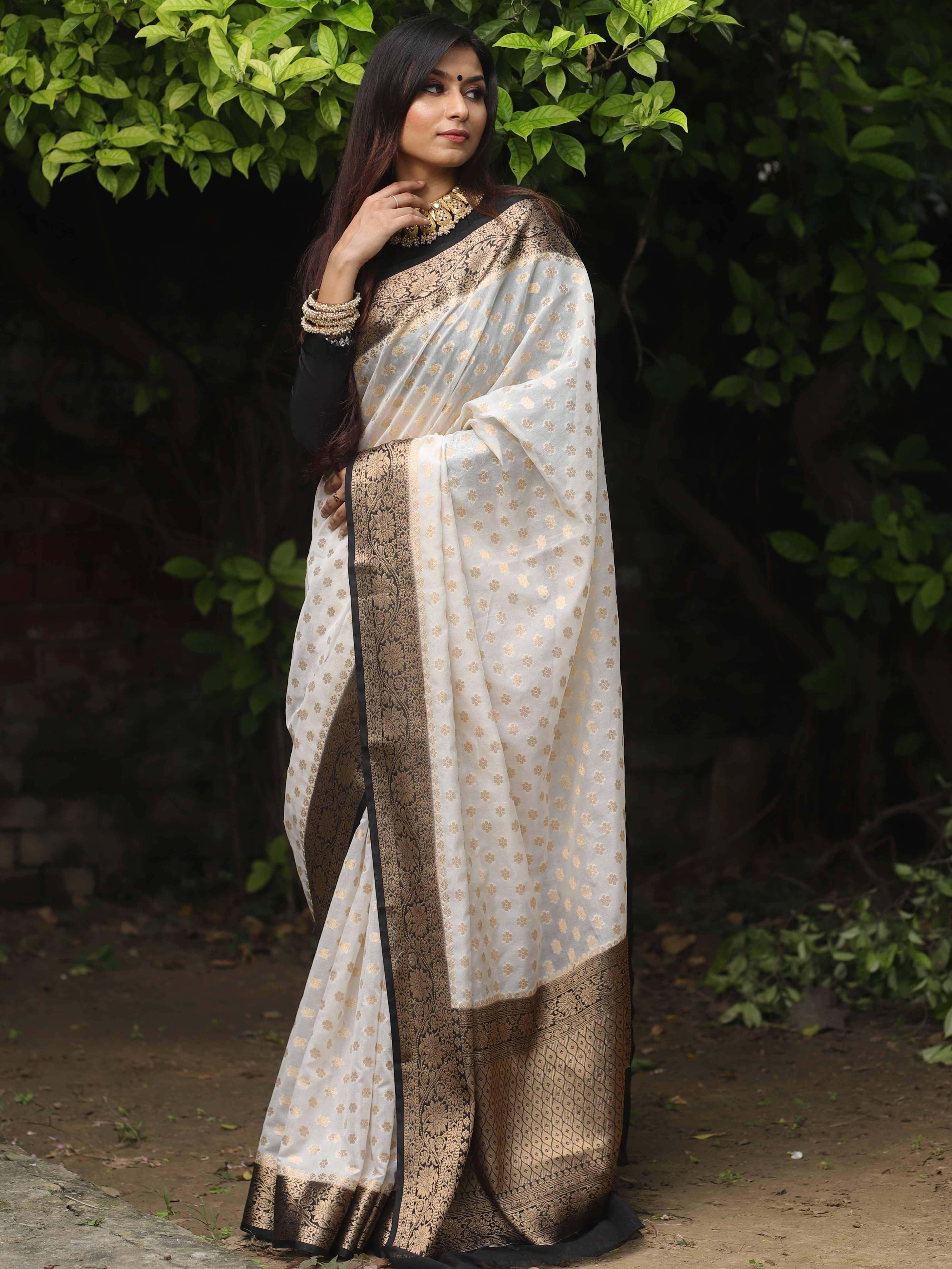 Banarasee Faux Georgette Saree With Zari Work & Contrast Border-White & Black