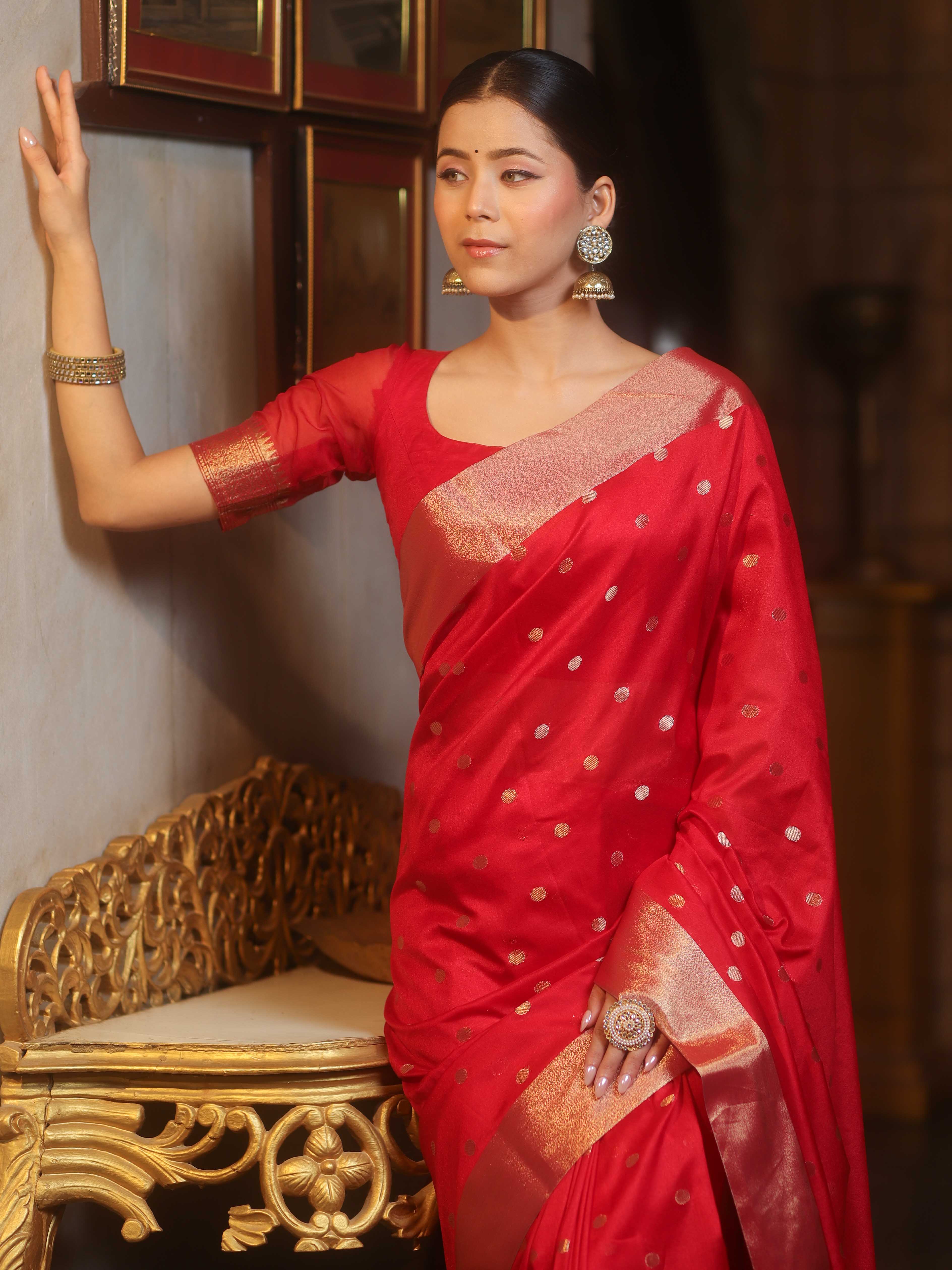 Banarasee Handwoven Semi Silk Saree With Zari Buti Design-Red