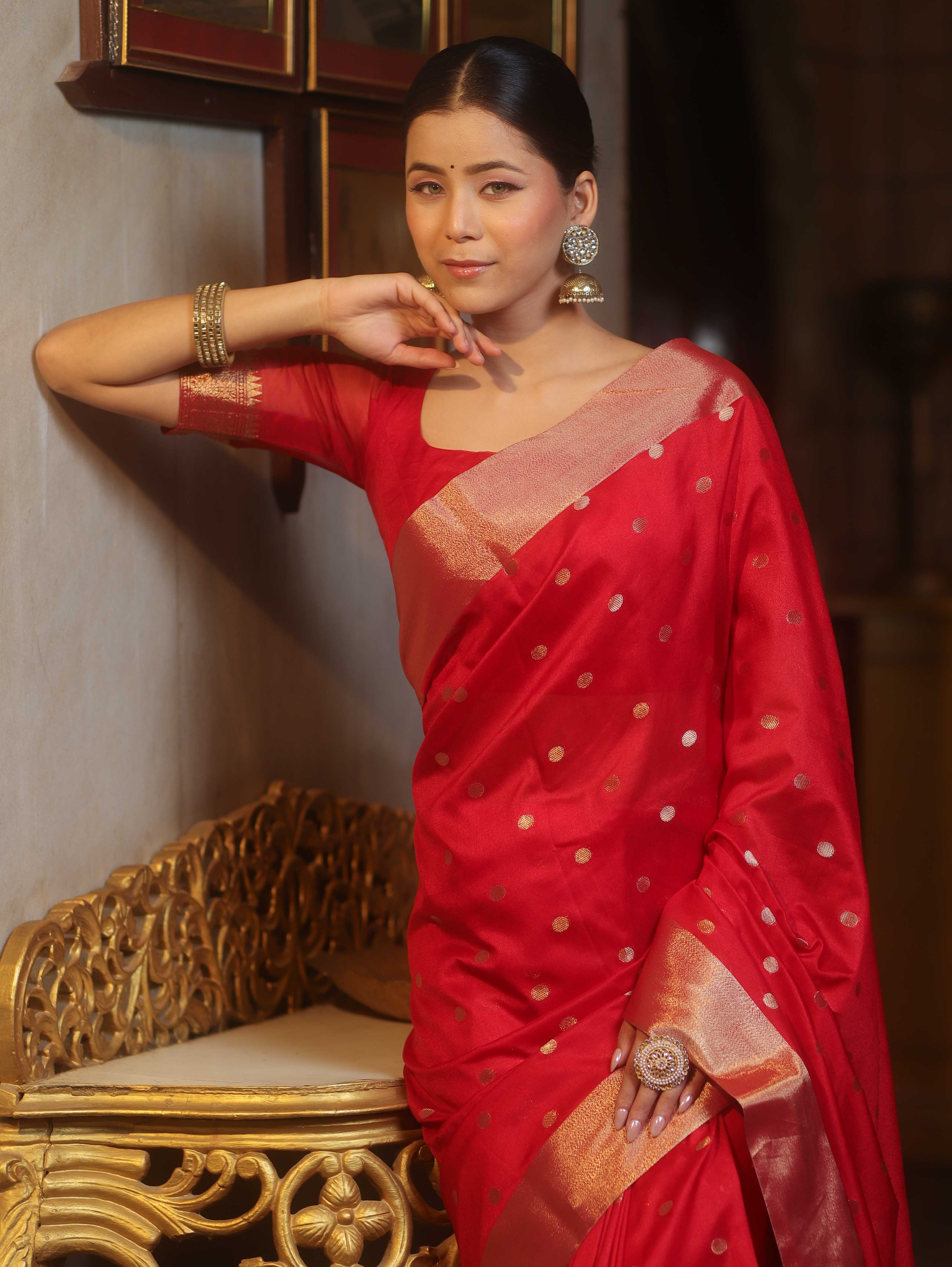 Banarasee Handwoven Semi Silk Saree With Zari Buti Design-Red