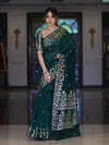 Banarasee Handloom Cotton Silk Saree With Zari Buti Design & Geometric Border-Deep Green